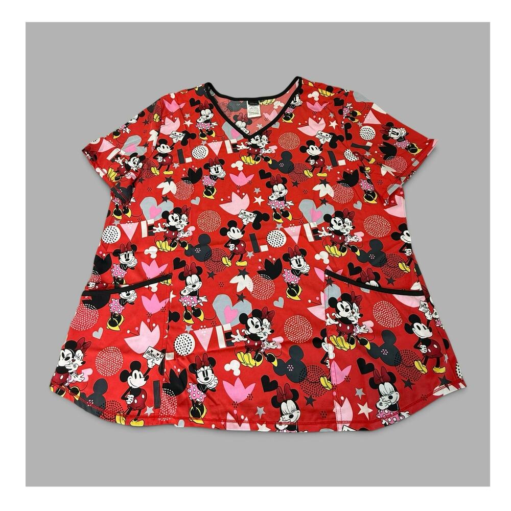 Disney Mickey Minnie Mouse V-Neck Scrub Top Womens 2XL Red Stretch Short Sleeve